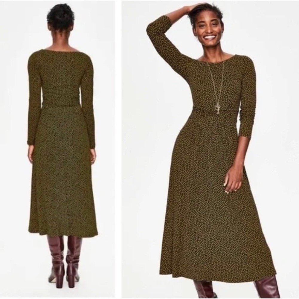 Boden Lucille Jersey Midi Dress Size 14 Black Yellow Leaves Pockets Boho Stretch